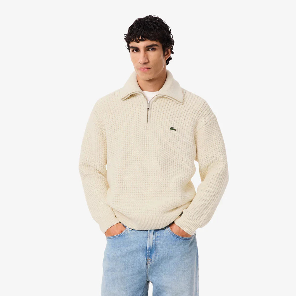 Lacoste Zipped High Neck Wool Sweater - Creme/White