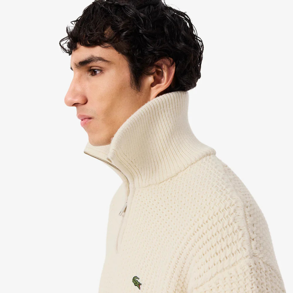 Lacoste Zipped High Neck Wool Sweater - Creme/White