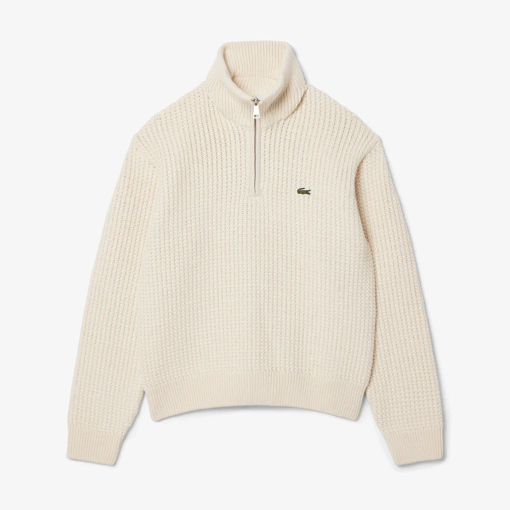 Lacoste Zipped High Neck Wool Sweater - Creme/White