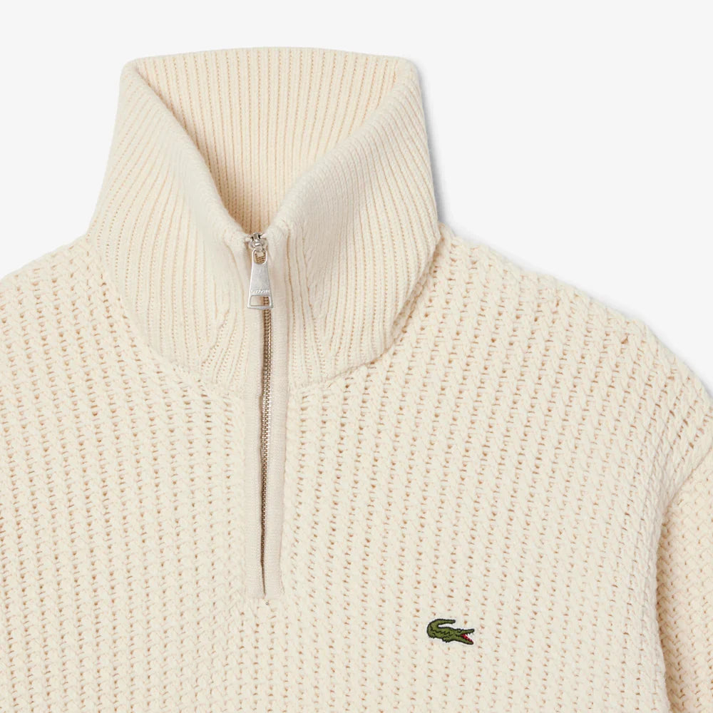 Lacoste Zipped High Neck Wool Sweater - Creme/White