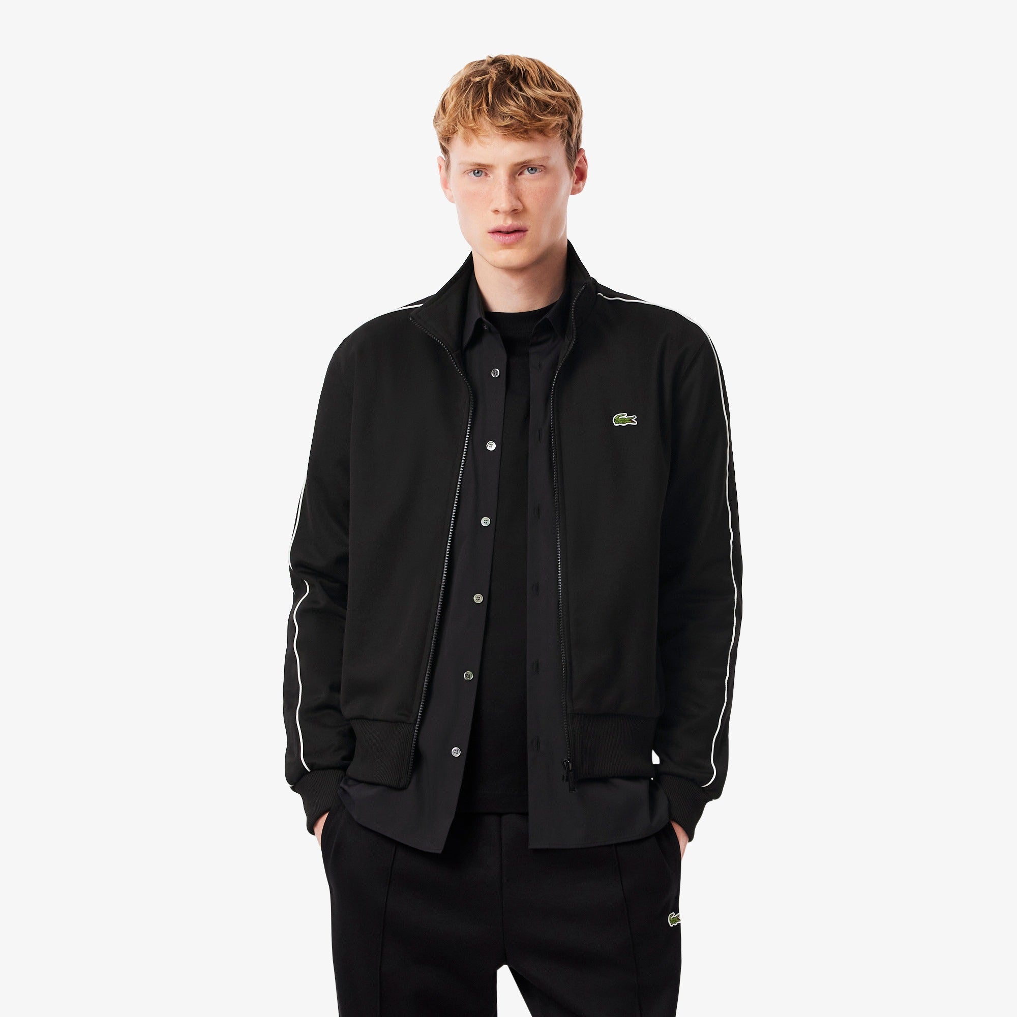 Lacoste logo-trim Black White Stripe Tracksuit Set (Top and Pants)