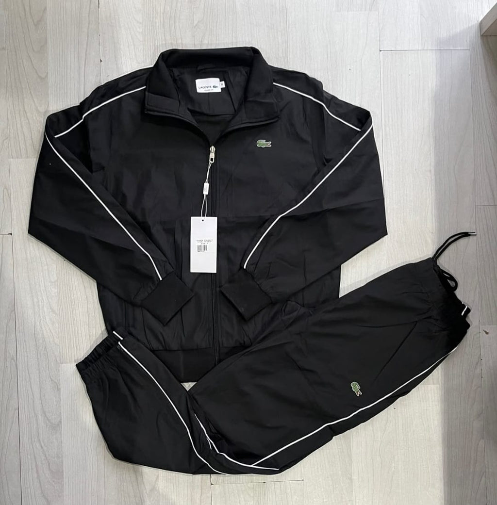Lacoste logo-trim Black White Stripe Tracksuit Set (Top and Pants)